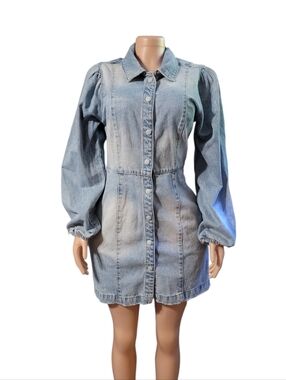 Free People Light Blue Denim Button-Front Long Sleeve Dress